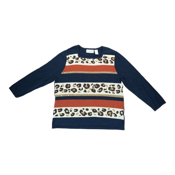 ALFRED DUNNER Womens Size Medium 3/4 Sleeve Animal Print Studded Sweater Top - Picture 1 of 4